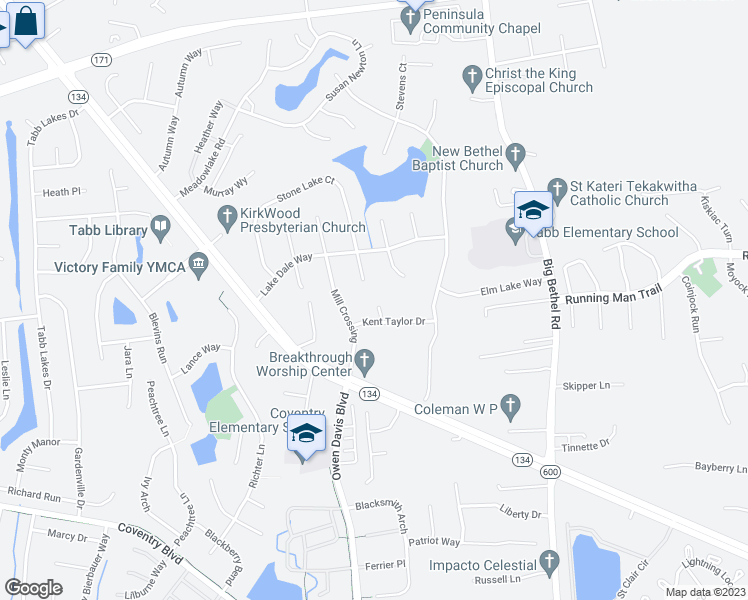 map of restaurants, bars, coffee shops, grocery stores, and more near 105 Emerald Court in Yorktown