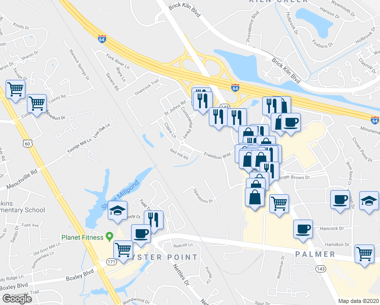map of restaurants, bars, coffee shops, grocery stores, and more near 596 Red Hill Road in Newport News
