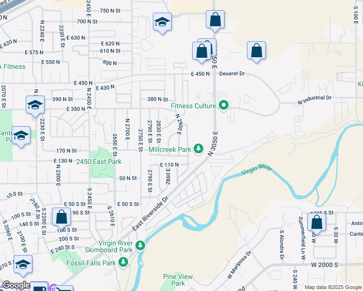 map of restaurants, bars, coffee shops, grocery stores, and more near 190 North 2900 East in St. George