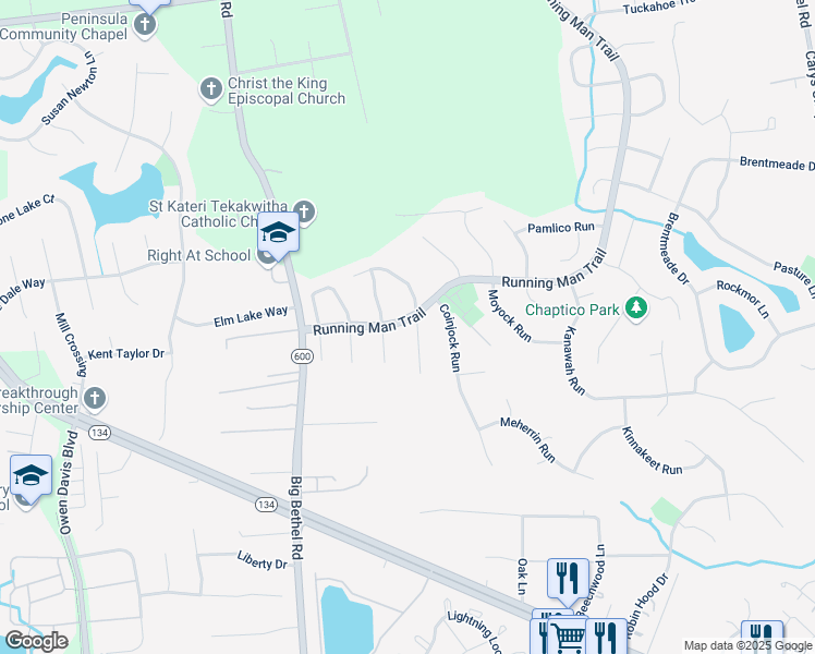 map of restaurants, bars, coffee shops, grocery stores, and more near 105 Calusa Turn in Yorktown