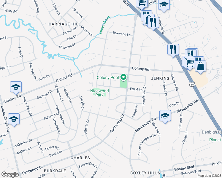 map of restaurants, bars, coffee shops, grocery stores, and more near 133 Whitman Road in Newport News