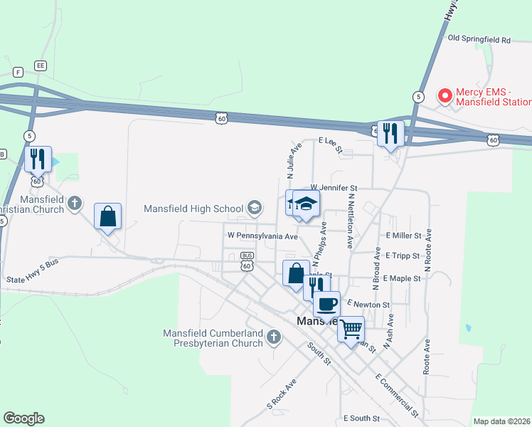 map of restaurants, bars, coffee shops, grocery stores, and more near 410-412 North Lincoln Street in Mansfield