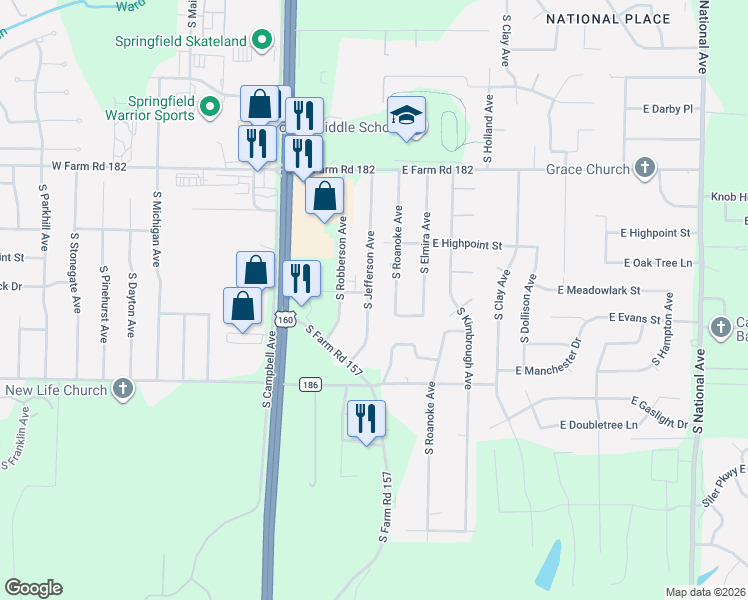 map of restaurants, bars, coffee shops, grocery stores, and more near 5646 South Jefferson Avenue in Springfield