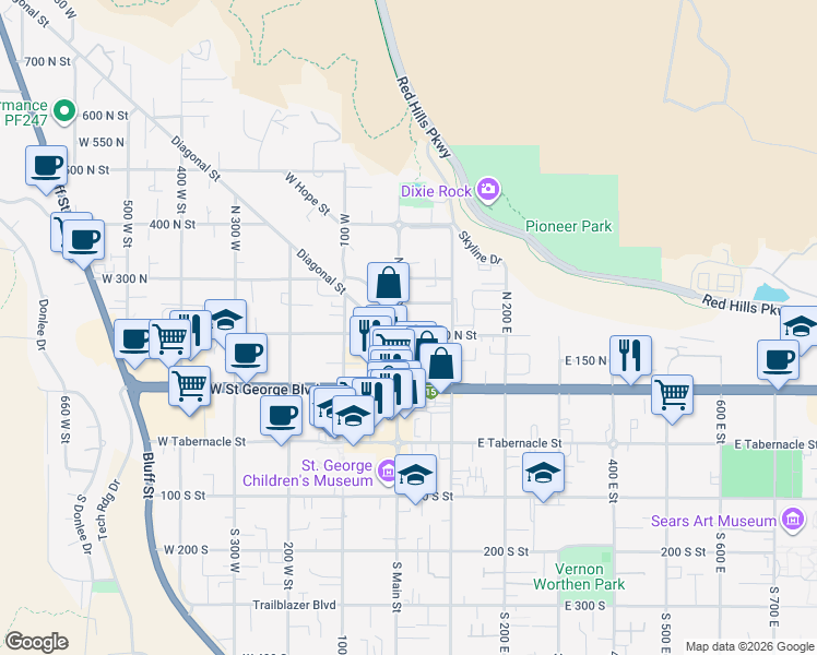 map of restaurants, bars, coffee shops, grocery stores, and more near 212 North Main Street in St. George
