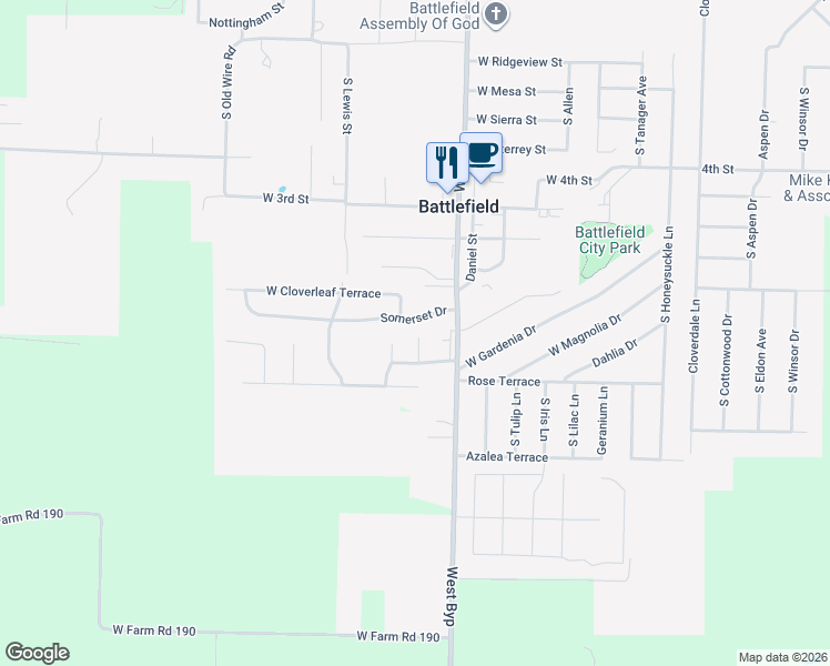 map of restaurants, bars, coffee shops, grocery stores, and more near 5705 South Grant Street in Battlefield