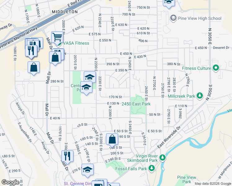 map of restaurants, bars, coffee shops, grocery stores, and more near 195 North 2360 East in St. George