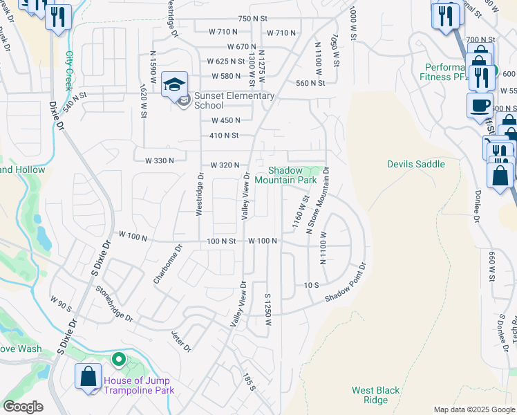 map of restaurants, bars, coffee shops, grocery stores, and more near 204 1280 West Street in St. George