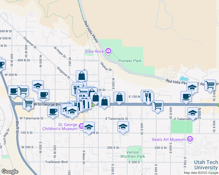 map of restaurants, bars, coffee shops, grocery stores, and more near 175 East 200 North in St. George