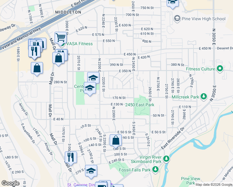 map of restaurants, bars, coffee shops, grocery stores, and more near 194 North 2310 East Circle in St. George