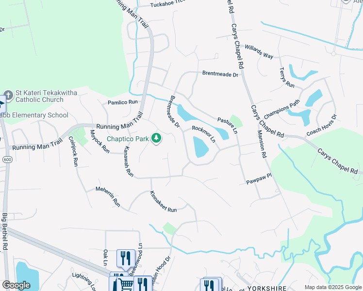 map of restaurants, bars, coffee shops, grocery stores, and more near 406 Brentmeade Drive in Yorktown