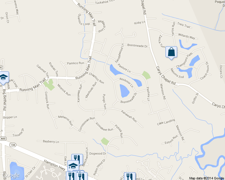 map of restaurants, bars, coffee shops, grocery stores, and more near 406 Brentmeade Drive in Yorktown