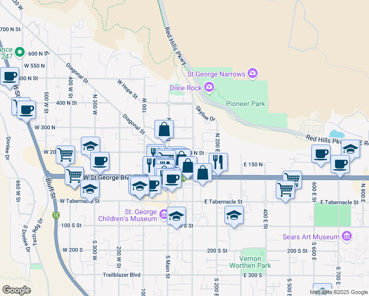 map of restaurants, bars, coffee shops, grocery stores, and more near 82 North 200 East in St. George