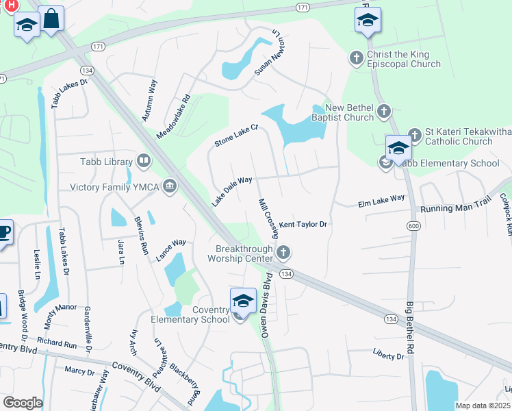 map of restaurants, bars, coffee shops, grocery stores, and more near 209 Mill Crossing in Yorktown