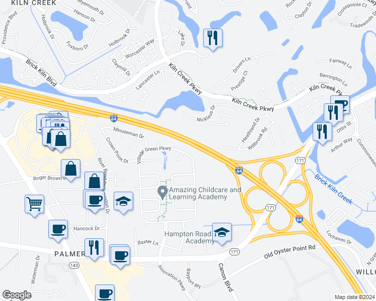 map of restaurants, bars, coffee shops, grocery stores, and more near 626 Village Green Parkway in Newport News