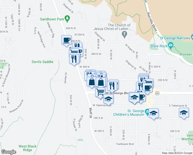 map of restaurants, bars, coffee shops, grocery stores, and more near 425 West 200 North in St. George