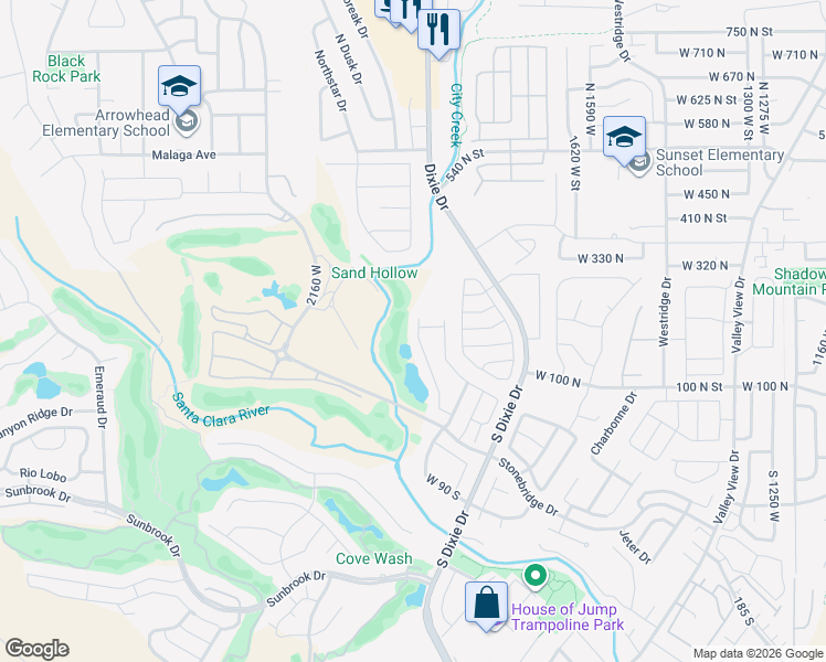 map of restaurants, bars, coffee shops, grocery stores, and more near 1854 Stonebridge Drive in St. George