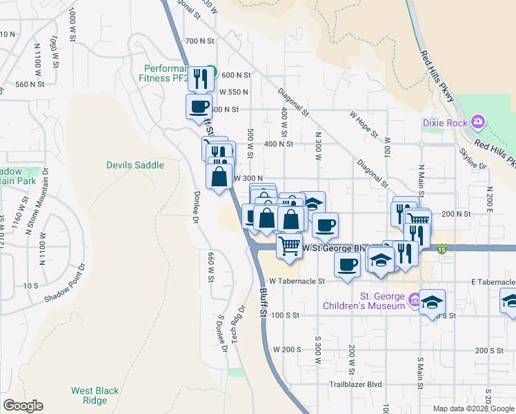map of restaurants, bars, coffee shops, grocery stores, and more near 474 West 200 North in St. George