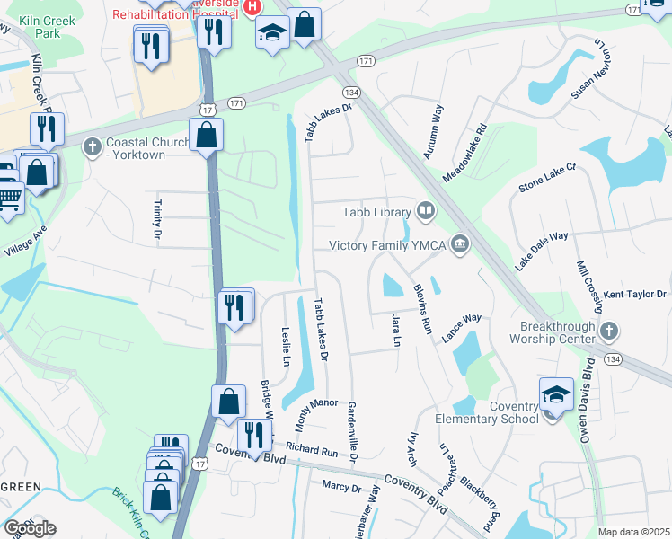 map of restaurants, bars, coffee shops, grocery stores, and more near 107 Gardenville Drive in Yorktown