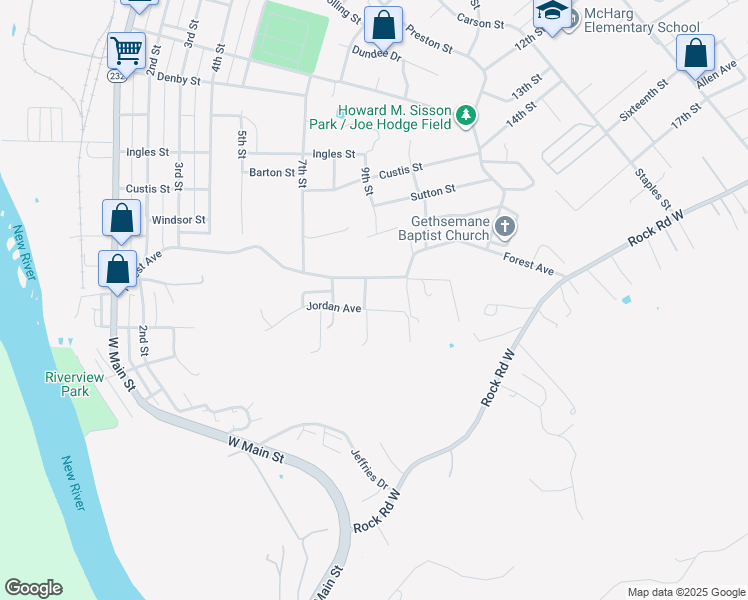 map of restaurants, bars, coffee shops, grocery stores, and more near 900 Jordan Avenue in Radford