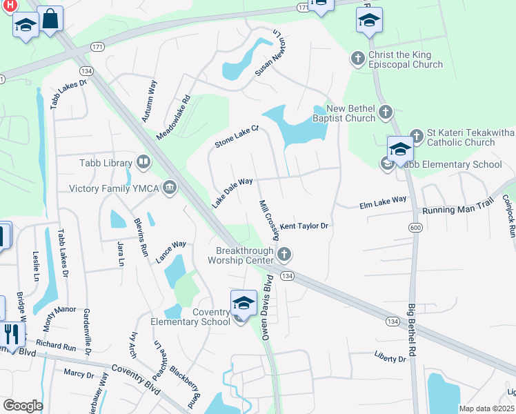 map of restaurants, bars, coffee shops, grocery stores, and more near 209 Mill Crossing in Yorktown