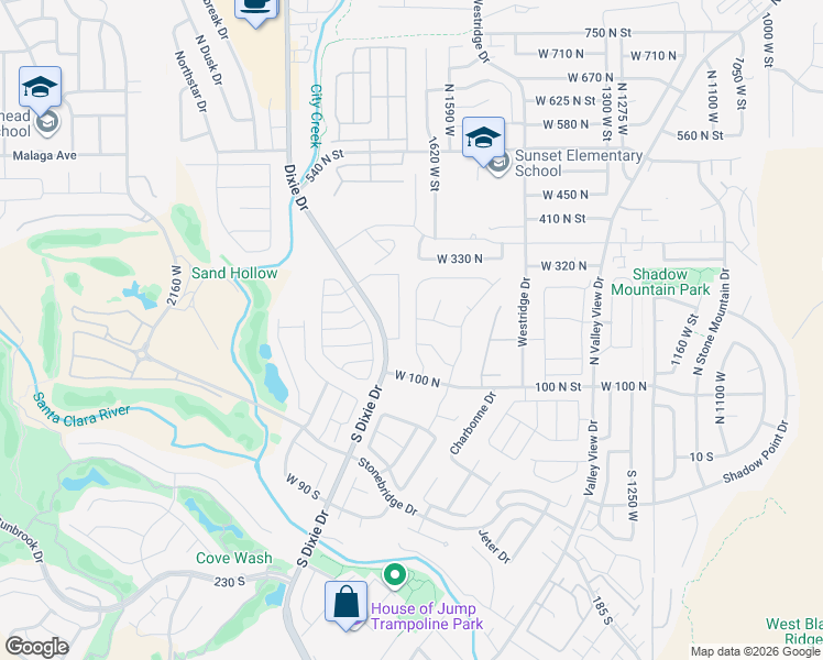 map of restaurants, bars, coffee shops, grocery stores, and more near 1610 West 100 North in St. George