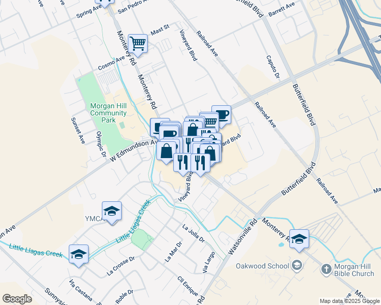 map of restaurants, bars, coffee shops, grocery stores, and more near 201 Tennant Station in Morgan Hill