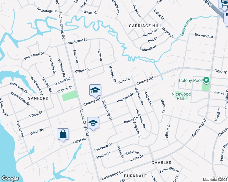 map of restaurants, bars, coffee shops, grocery stores, and more near 320 Colony Road in Newport News