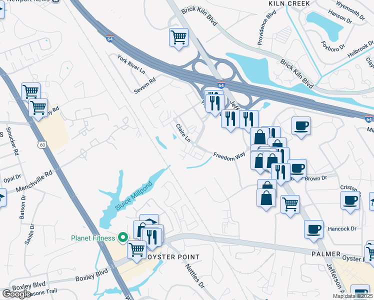 map of restaurants, bars, coffee shops, grocery stores, and more near 606 Red Hill Road in Newport News