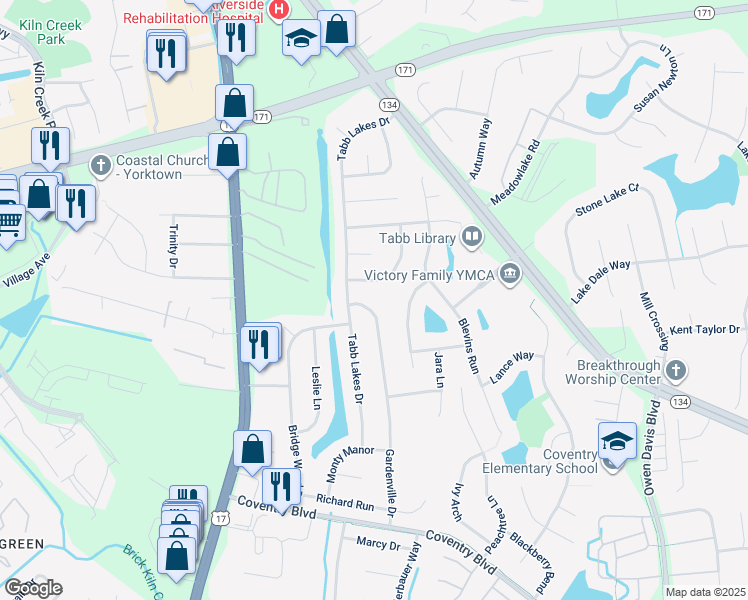 map of restaurants, bars, coffee shops, grocery stores, and more near 107 Gardenville Drive in Yorktown