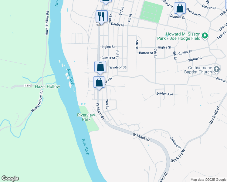 map of restaurants, bars, coffee shops, grocery stores, and more near 2305 Elmwood Street in Radford