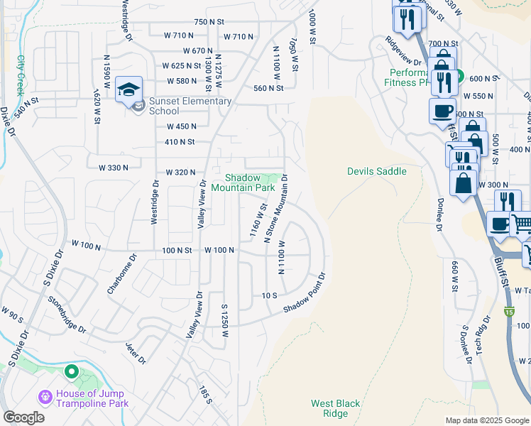 map of restaurants, bars, coffee shops, grocery stores, and more near 214 North 1160 West in St. George