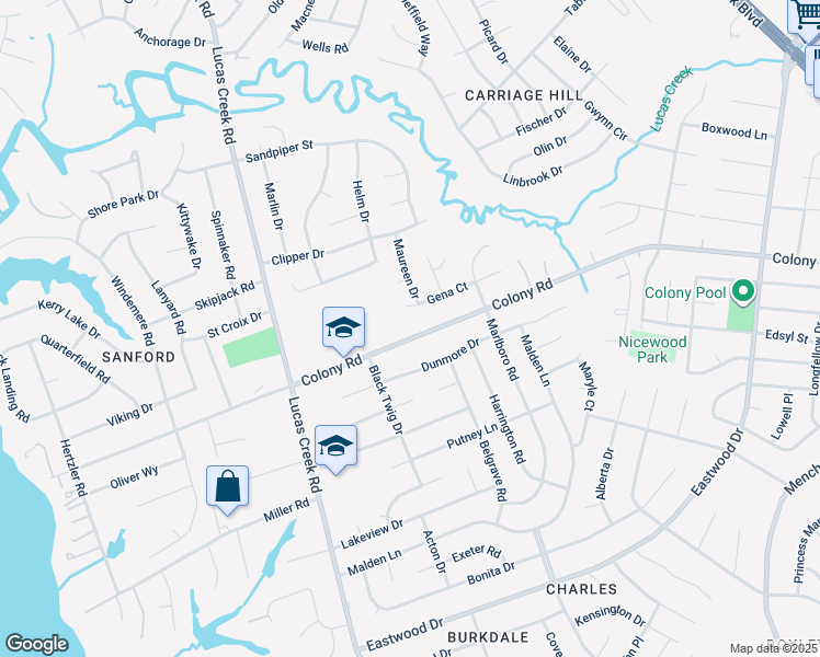 map of restaurants, bars, coffee shops, grocery stores, and more near 320 Colony Road in Newport News
