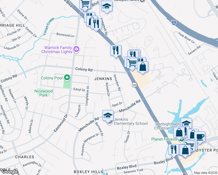 map of restaurants, bars, coffee shops, grocery stores, and more near 116 Edsyl Street in Newport News
