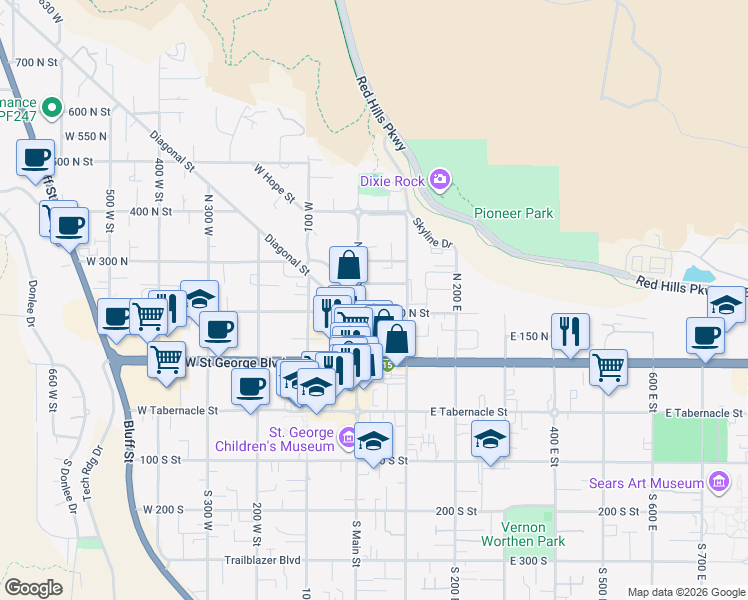 map of restaurants, bars, coffee shops, grocery stores, and more near 212 North Main Street in St. George