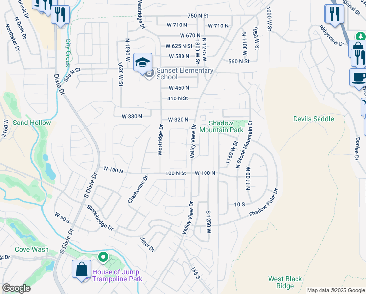 map of restaurants, bars, coffee shops, grocery stores, and more near 225 North Valley View Drive in St. George