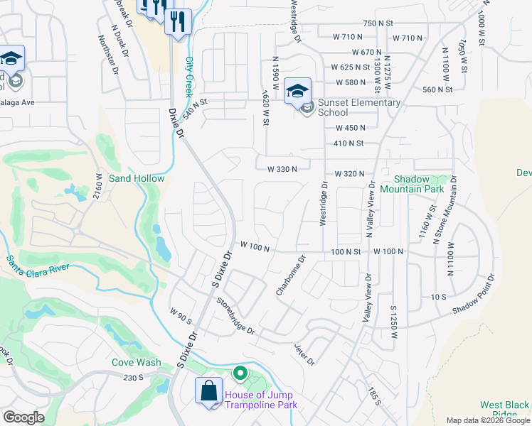 map of restaurants, bars, coffee shops, grocery stores, and more near 1610 West 100 North in St. George