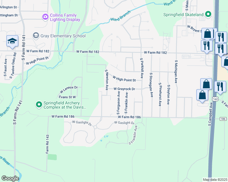 map of restaurants, bars, coffee shops, grocery stores, and more near 5671 South Ferguson Avenue in Springfield