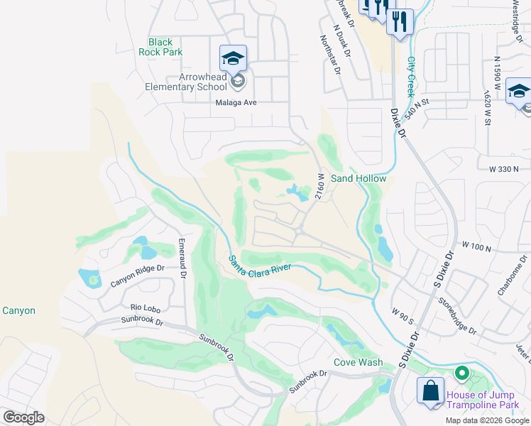 map of restaurants, bars, coffee shops, grocery stores, and more near 225 North Country Lane in St. George