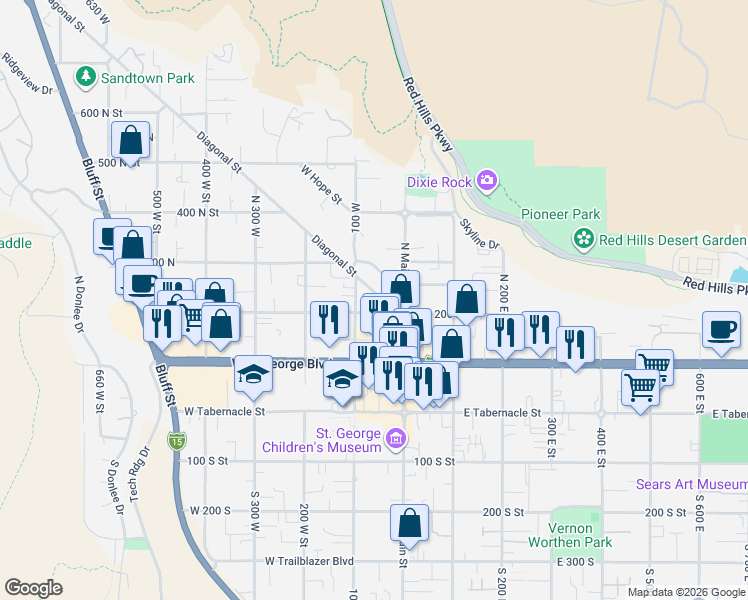 map of restaurants, bars, coffee shops, grocery stores, and more near 61 Diagonal Street in St. George