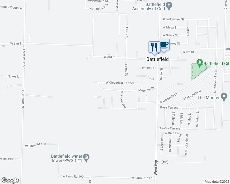 map of restaurants, bars, coffee shops, grocery stores, and more near 4516 Somerset Drive in Battlefield