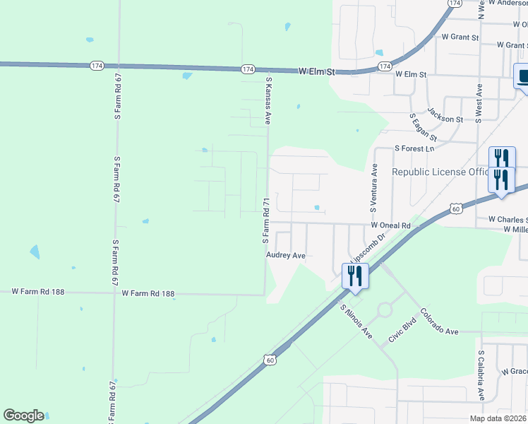 map of restaurants, bars, coffee shops, grocery stores, and more near 5810-5938 South Farm Road 71 in Republic