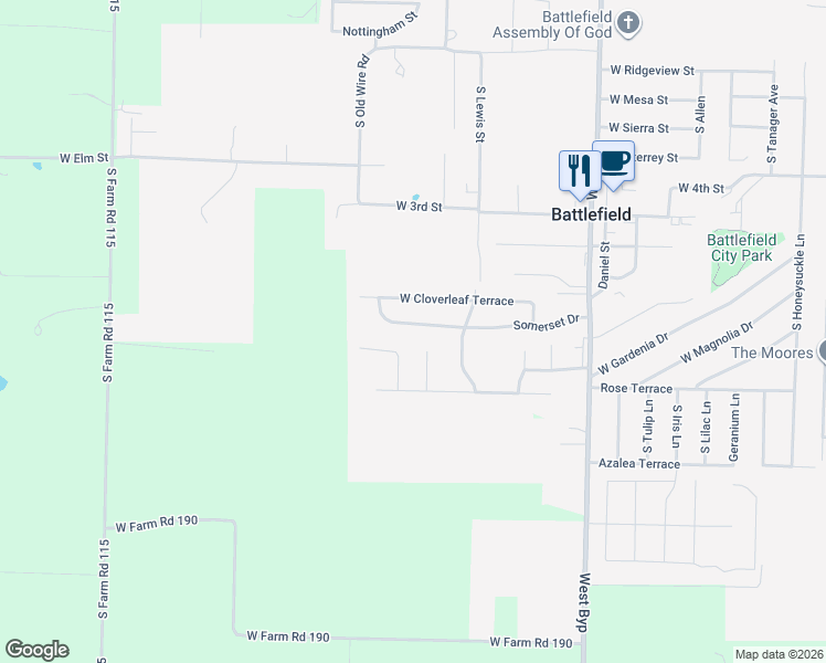 map of restaurants, bars, coffee shops, grocery stores, and more near 4534 Somerset Drive in Battlefield