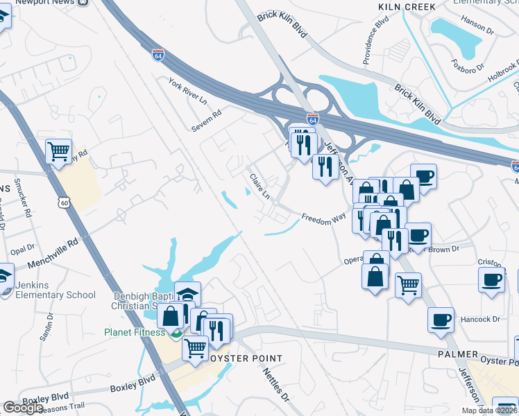 map of restaurants, bars, coffee shops, grocery stores, and more near 599 Red Hill Road in Newport News