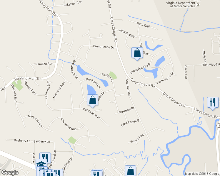 map of restaurants, bars, coffee shops, grocery stores, and more near 607 Brentmeade Drive in Yorktown