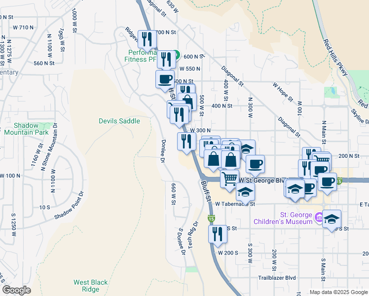 map of restaurants, bars, coffee shops, grocery stores, and more near 181 N Bluff St in St George
