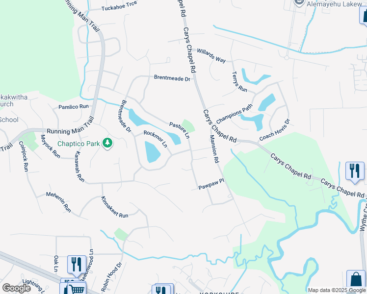 map of restaurants, bars, coffee shops, grocery stores, and more near 607 Brentmeade Drive in Yorktown