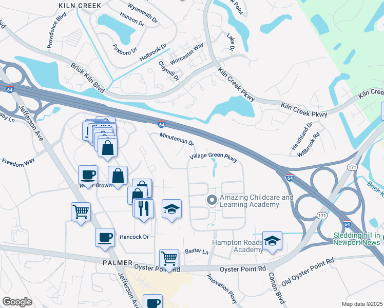 map of restaurants, bars, coffee shops, grocery stores, and more near 599 Crown Point Drive in Newport News