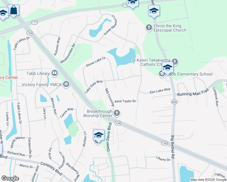 map of restaurants, bars, coffee shops, grocery stores, and more near 204 Mill Crossing in Yorktown