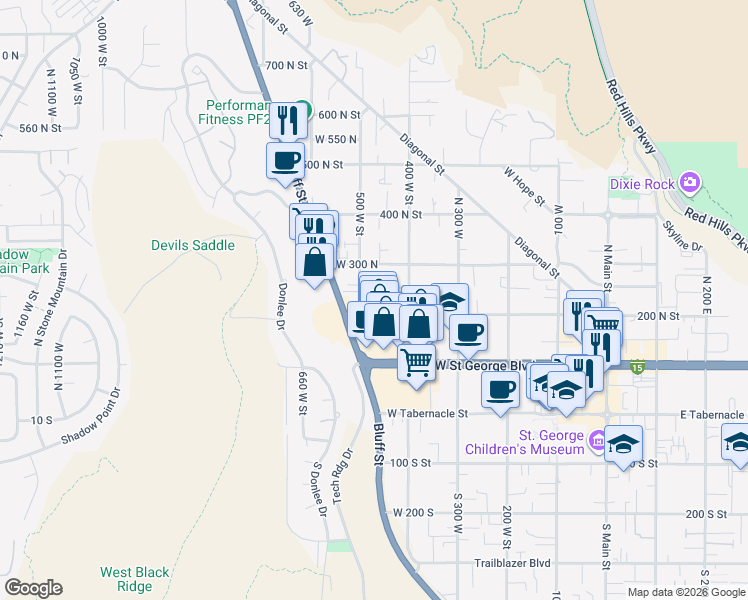 map of restaurants, bars, coffee shops, grocery stores, and more near 474 West 200 North in St. George