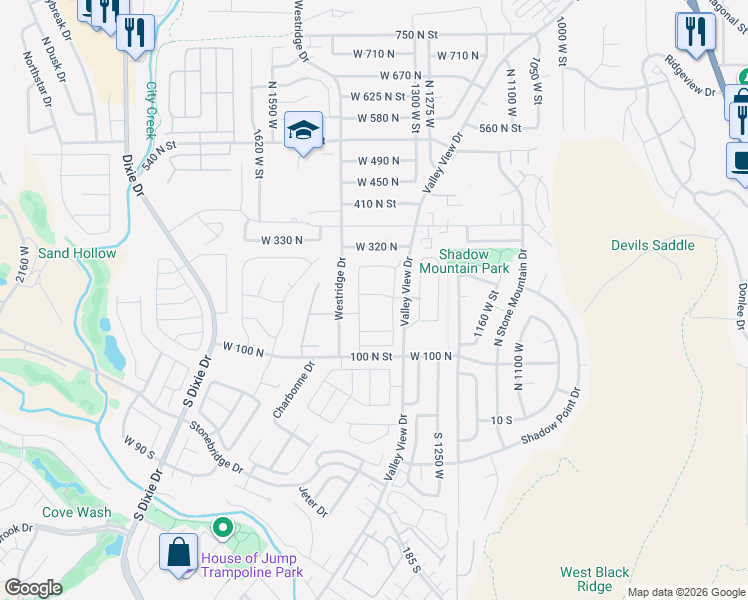 map of restaurants, bars, coffee shops, grocery stores, and more near 225 North Valley View Drive in St. George